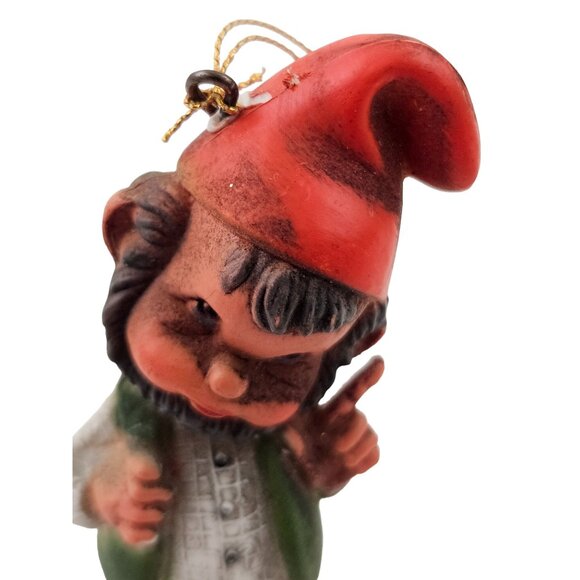 Vintage Gnome Christmas Ornament Elf Dwarf Hand Painted Rustic Holiday Decor - Picture 2 of 9